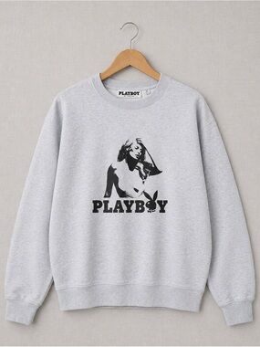 PLAYBOY By Pacsun Light Gray Crewneck Sweatshirt with Black Graphic